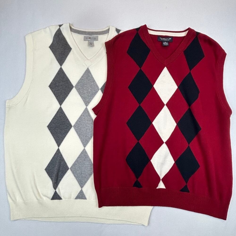 Argyle Sweater Vest Mens XL CARIBBEAN JOE Red SUN RIVER Cream ~ Knit Cotton LOT